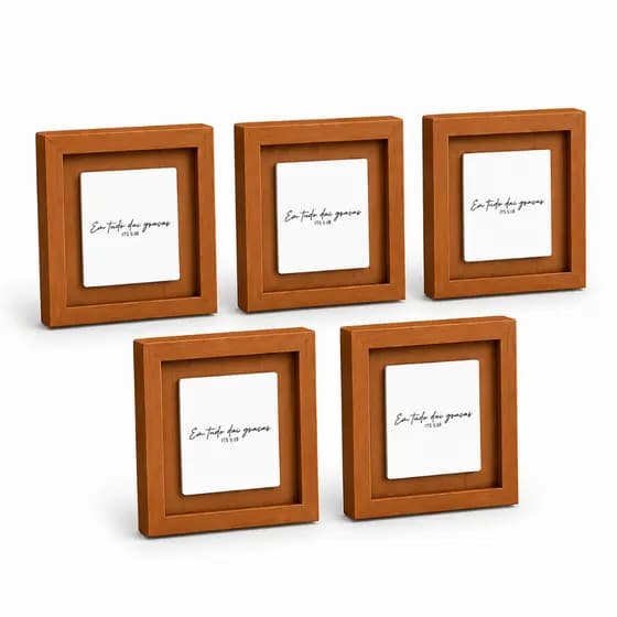 Kit 5 Quadros Decorativos de Madeira Lâminada Premium 20x20 da Registrare Decor Com Placa de Espelho Gravada Com Frase