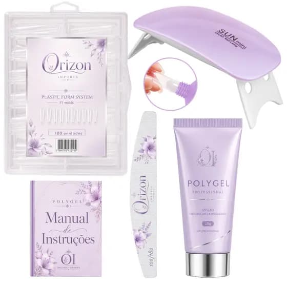 KIT UNHA POLYGEL CABINE SUN + POLYGEL + MOLDE F1 + LIXA 100/180