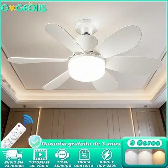 220V Ventilador Teto Com Luz 40W Silencioso Branco 6 Pás Com Controle Remoto E27
