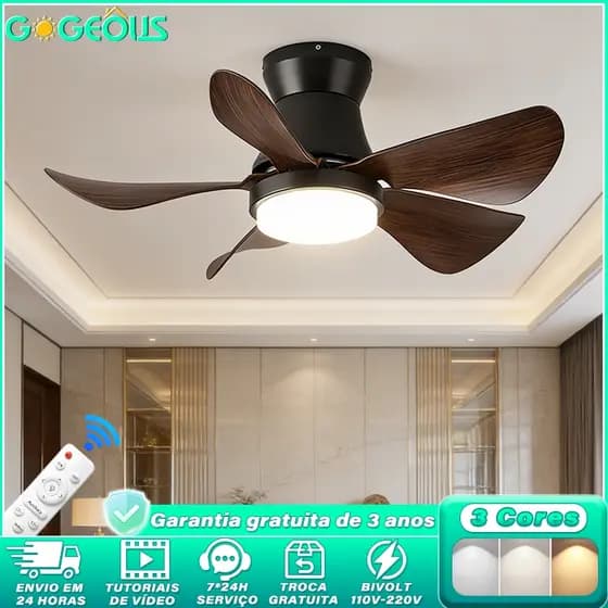 Ventilador de Teto Bivolt 110V-220V com Lâmpada e Controle Remoto 24 Polegadas Motor CC Reversível Silencioso LED