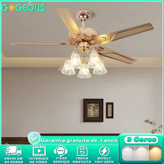 GOGEOUS Ventilador de Teto com Lâmpada Silencioso Controle Remoto Bivolt 110V220V Motor CC Reversível 3 Cores para Varan
