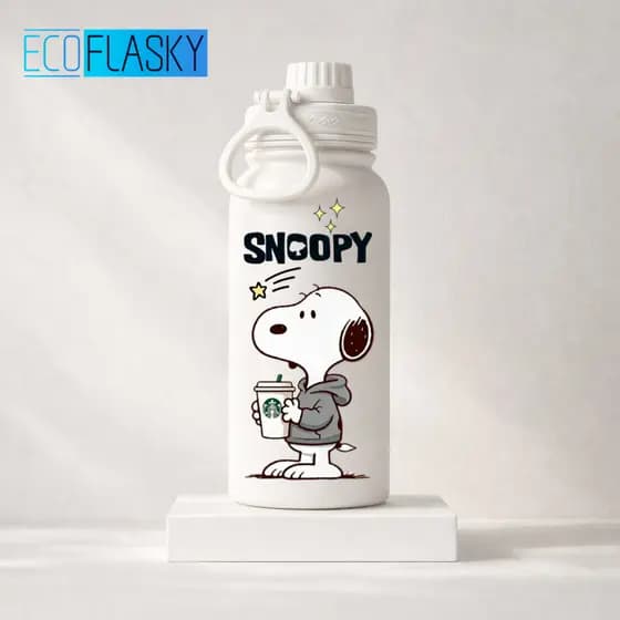 Garrafa Térmica de Água Aço Inox Estampada Snoopy com Alça Portátil Esportiva Academia 600ml