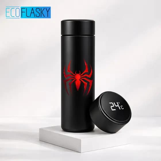 Garrafa Térmica de Água Aço Inoxidável Homem-Aranha Estampada Termometro LED Digital Herói 500ml