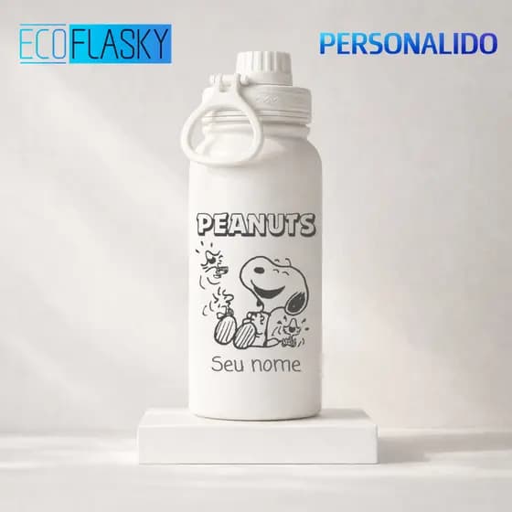 Garrafa Térmica de Aço Inox Personalizada Snoopy Alça Portátil Academia Personalização 600ml 800ml