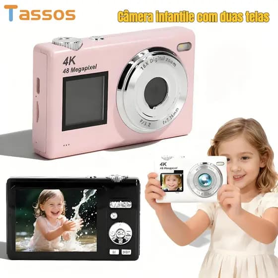 Tassos Câmera Digital 4K HD Vídeo Tela Dupla Anti-Vibração Autofoco Vlogging 44MP Portátil Zoom 16X Para Crianças , Adul
