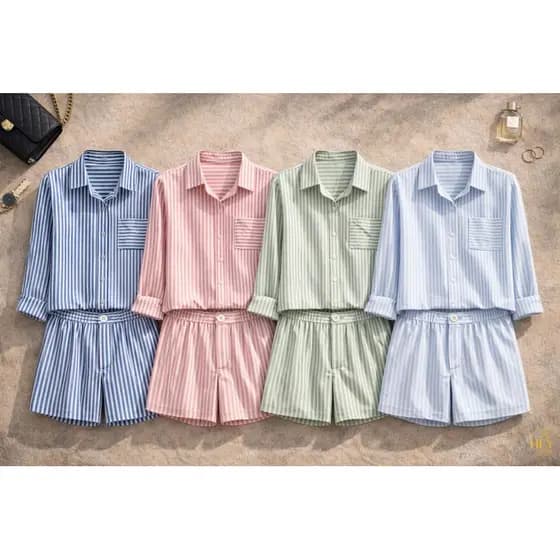 Conjunto LISTRADO Crepe - Camisa Manga Longa COM Short com Elástico e Botão