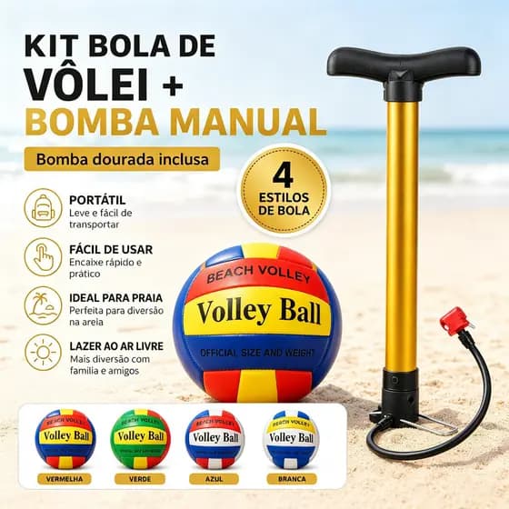 Kit Bola de Vôlei de Praia com Bomba de Ar – Dourada 50cm para Beach Volley na Areia