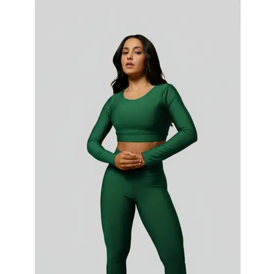 Kit 2 Peças Conjunto Academia Feminino Top com Manga + Calça Cintura Alta