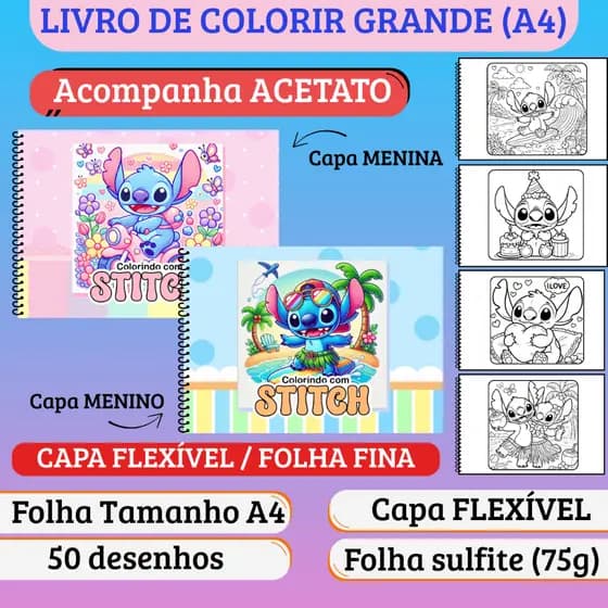 Caderno de Colorir Stitch - Grande A4, Capa Flexível, Acetato, 50 desenhos