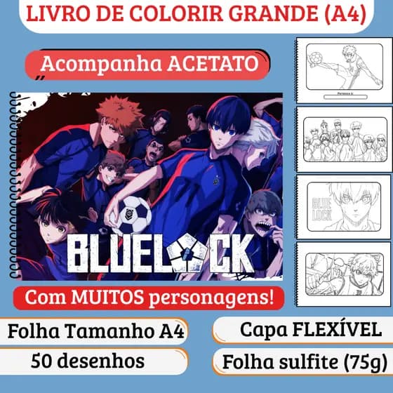 Caderno de Colorir Blue Lock - Grande A4, Capa Flexível, Acetato, 50 desenhos, Anime