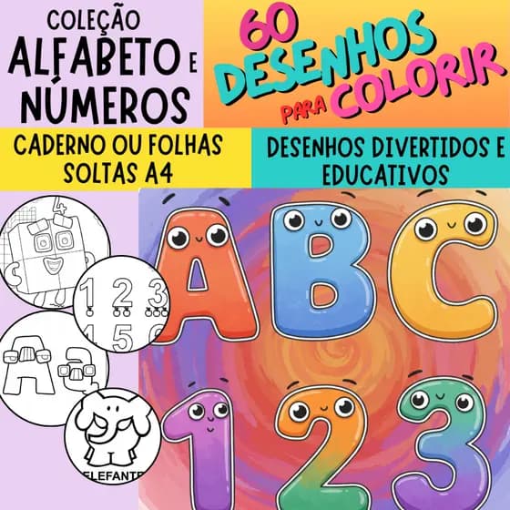 Caderno de desenhos para colorir ALFABETO LETRAS e NÚMEROS - 60 desenhos GRANDES - Livro de alfabetização infantil
