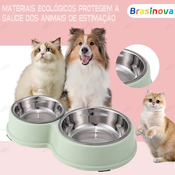 Comedouro e Bebedouro em Aço Inox Duplo com Base Antiderrapante para Pets