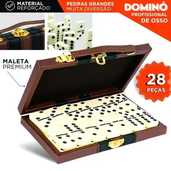 Domino Profissional De Osso Premium Pedras Grandes C/Maleta 10Mm Com 28 Peças Fácil de Jogar