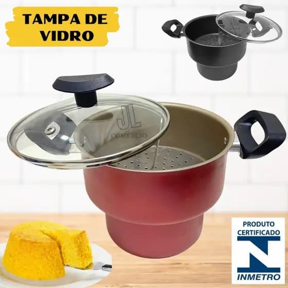 Cuscuzeiro Antiaderente Com Tampa De Vidro N14 Mini Cuscuzeira Teflon Preta ou Cereja