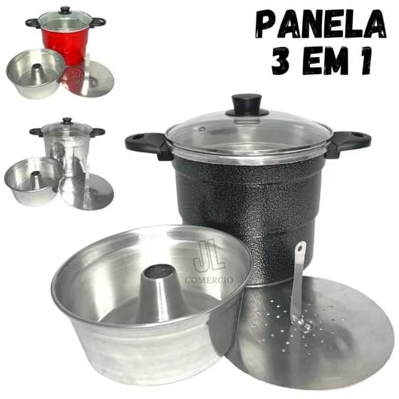 Jogo 3 em 1 Com Tampa de Vidro Cuscuzeiro Pudim Panela Em Alumínio N20 Vermelho Preto ou Polido