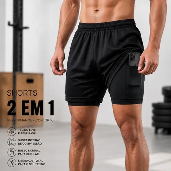 Shorts Bermuda 2 Em 1 Masculina Dry Fit Treino Academia Confortável Sem Marcar