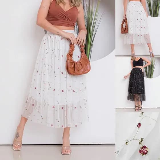 Saia Midi de Tulle com Bordado Floral da moda feminina para festa WK-51