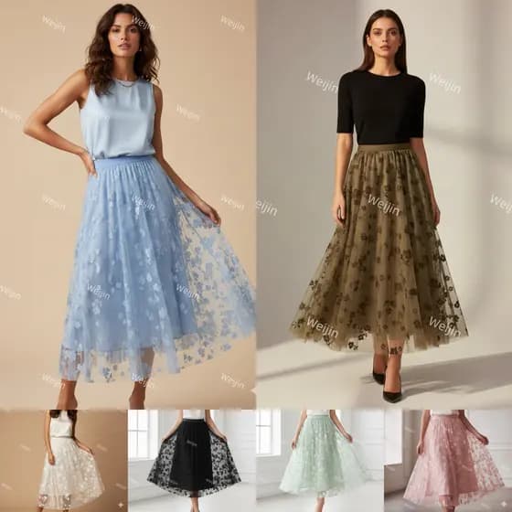 Saia Midi de Tule Feminina Floral Moda 2025 para Festa e Dia a Dia Alto Luxo Wk-93