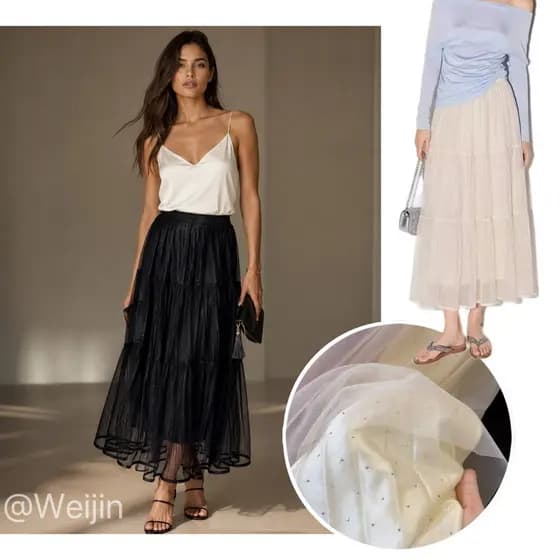 Saia Midi de Tule com Camadas e Brilhante Feminina Elegância Moda Casual Chique