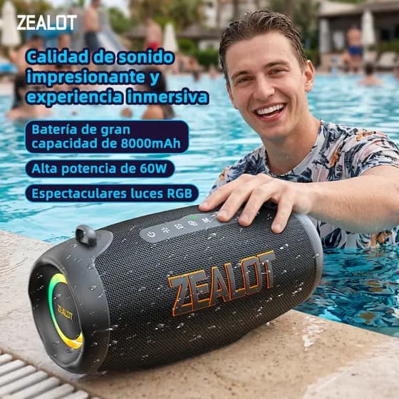 ZEALOT P16 Caixa Bluetooth Portátil 60W TWS Resistente Água IPX6 BT5.3 Bateria 8000mAh Som Potente