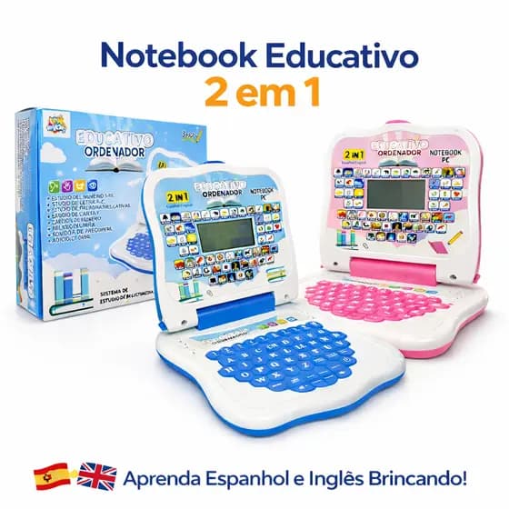 Notebook Educativo 2 em 1 - Brinquedo Interativo para Crianças, Ensina Espanhol e Inglês Brincando