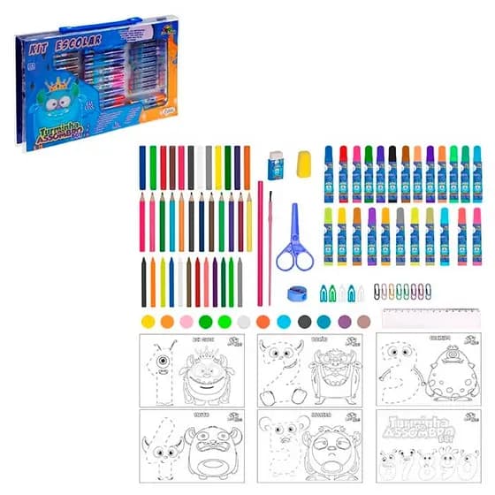 Kit Escolar Infantil 94 Peças Estojo Maleta Completo com Lápis de Cor, Canetinhas e Acessórios