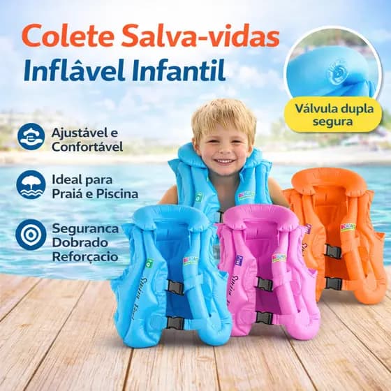 Colete Inflável Infantil 40cm com Trava de Segurança Ajustável para Piscina e Praia