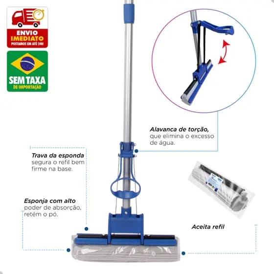 3 Refil Rodo Mop Reutilizável Enxuga e Varre Chão, Banheiro e Cozinha Fácil Troca e Limpeza