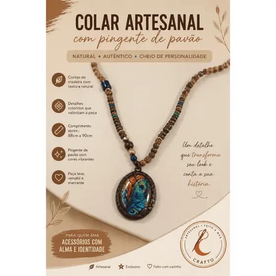 Colar Artesanal 88cm a 90cm com Contas de Madeira e Pingente de Pavão — Design Autoral e Marcante
