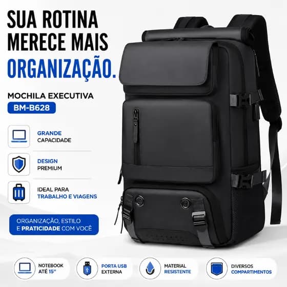 Mochila Executiva Notebook Impermeável USB Viagem Dobrável BM-B628 Compartimento Sapatos Masculina Feminina