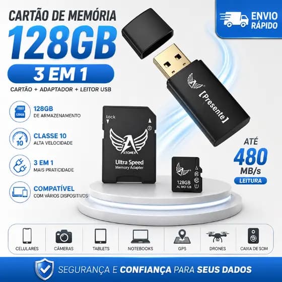 Cartão de Memória Micro SD 128GB Classe 10 3 em 1 com Adaptador SD e Leitor USB Pen Drive