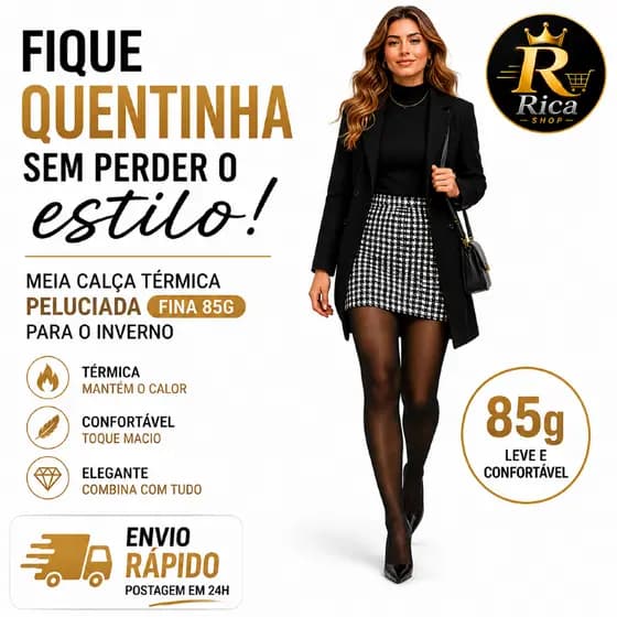 Meia Calça Térmica Peluciada Feminina Translucida Preta 85g Forrada Inverno Cintura Alta