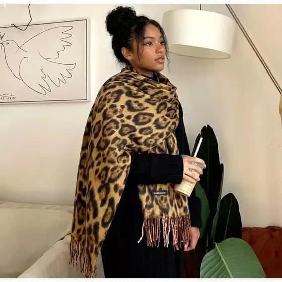Novo Cachecol Feminina De Onça Com Franja, Lenço Quente Grosso-911