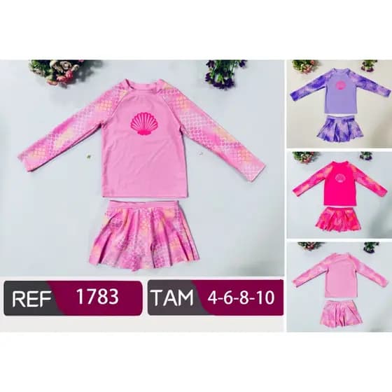 conjunto de Biquíni Infantil com Blusa Proteção Solar UV 50+ Sereia concha Praia Piscina Natação Menina Infantil-