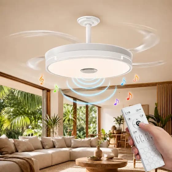 Ventilador de Teto LED com Música Controle Remoto 4 Pás Retrátil Lustre 3 Cores de Luz Bivolt 60W