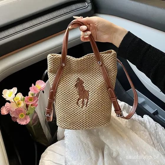 Bolsa de tecido bolsa de palha de tamanho médio sacola de praia com padrão fivela magnética alça de ombro de couro PU bo