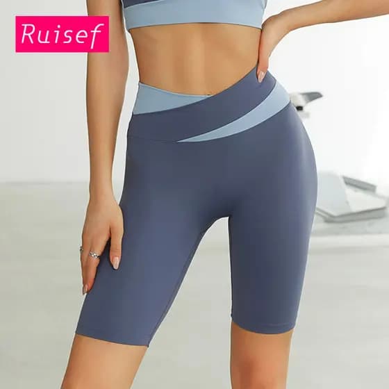 Calças de yoga de cintura cruzada sem constrangimento, shorts de cintura alta e ajustados que realçam o bumbum.