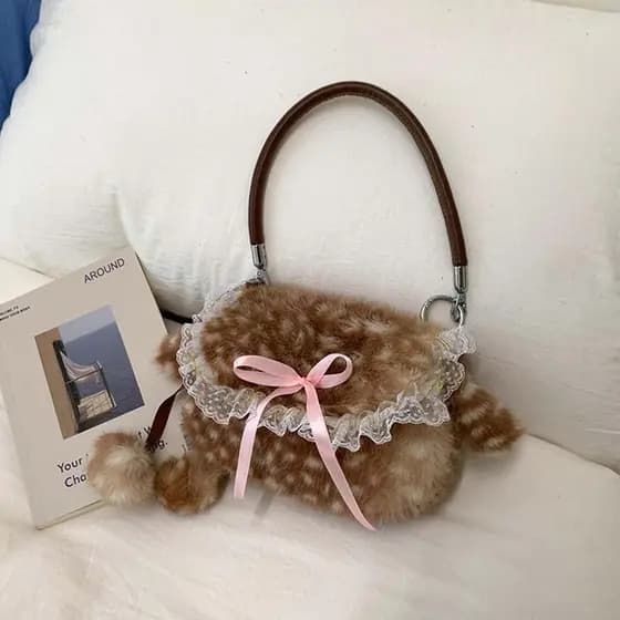Bolsa de pelúcia decorativa e fofa no estilo Lolita, adornada com rendas e laços, bolsa de ombro vintage em pele sintéti