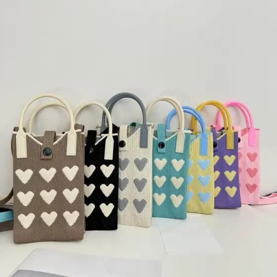 Bolsa transversal feminina de 1 peça, estilo coreano, em formato de coração, de malha, mini bolsa quadrada para mulheres