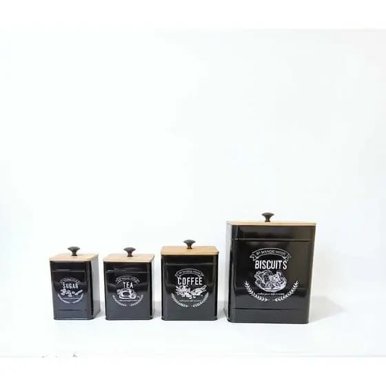 Kit Porta Pão Açúcar Café E Chá Preta De Metal Tampa de Madeira Hermético Inox Premium Mesa Posta