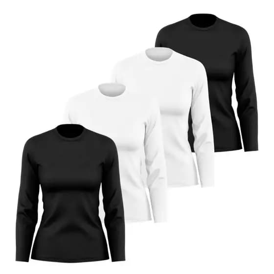 KIT 4 Camiseta Feminina Manga Comprida 100% Poliéster Leve Confortável Esportiva