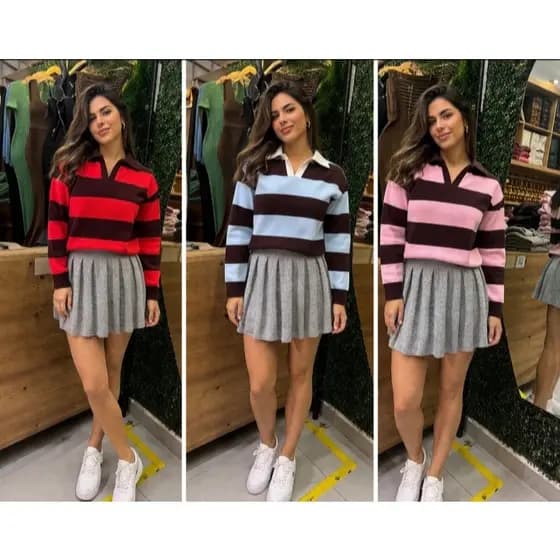 Blusa Feminina em Tricô Modal Gola Polo Listrada
