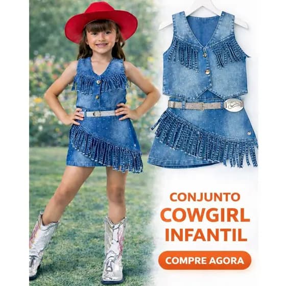 Conjunto Boiadeira jeans Infantil Blogueirinha Rodeio Ana Castela Colete Saia
