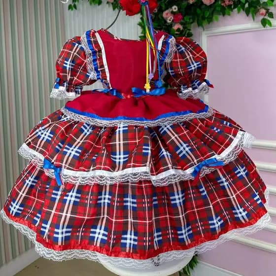 Vestido Junino Caipira Luxo Maça do Amor vermelho juvenil infantil menina