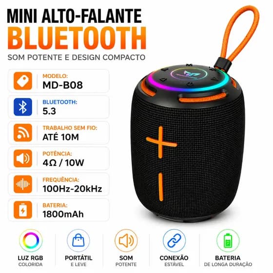 Caixa de Som Bluetooth Portátil Mini com RGB Bluetooth 5.3 USB AUX Rádio Bateria 1800mAh