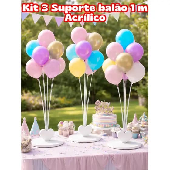 Kit 3 Suportes para Balão Acrílico 1 Metro Transparente Decoração Festa Aniversário Premium