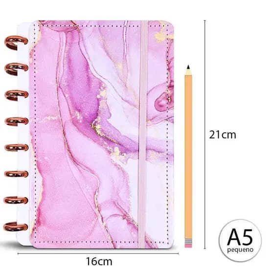 Caderno Inteligente A5 Ônix Marmorizado e Cores 80 Folhas com Discos Metálicos e Elástico – Reposicionável mdl 12