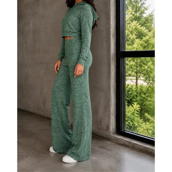 Conjunto Ribana Canelada Cropped Capuz Calça Pantalona Wide Leg Feminino Mesclado Bolso Inverno