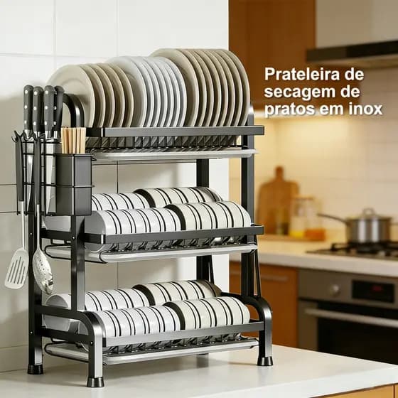 Escorredor De Louças 3 Andar Aço Inoxidável Organizador Moderno Com Porta Talher e Bandeja