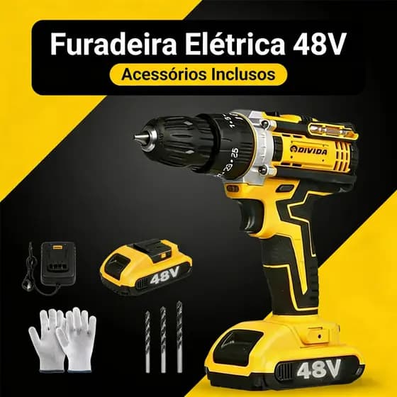 Furadeira Elétrica 18V/48V Sem Fio com 1 Bateria Kit Profissional Acessórios Inclusos
